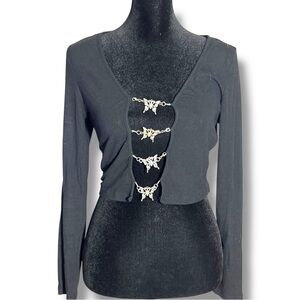 Elegant Black Long Sleeve Crop Top Open Front With Silver Butterfly Details
